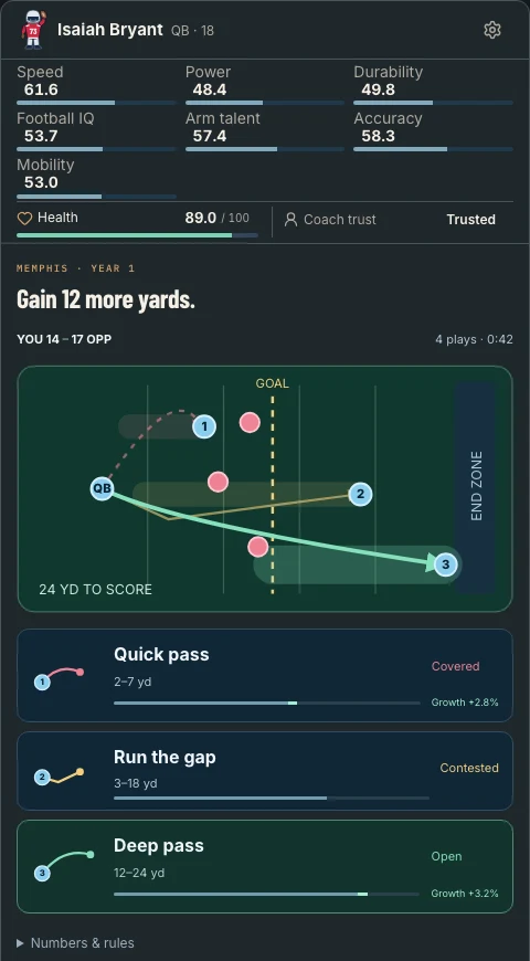 Real NFL Career Simulator gameplay showing a college quarterback, a football field and three play options.